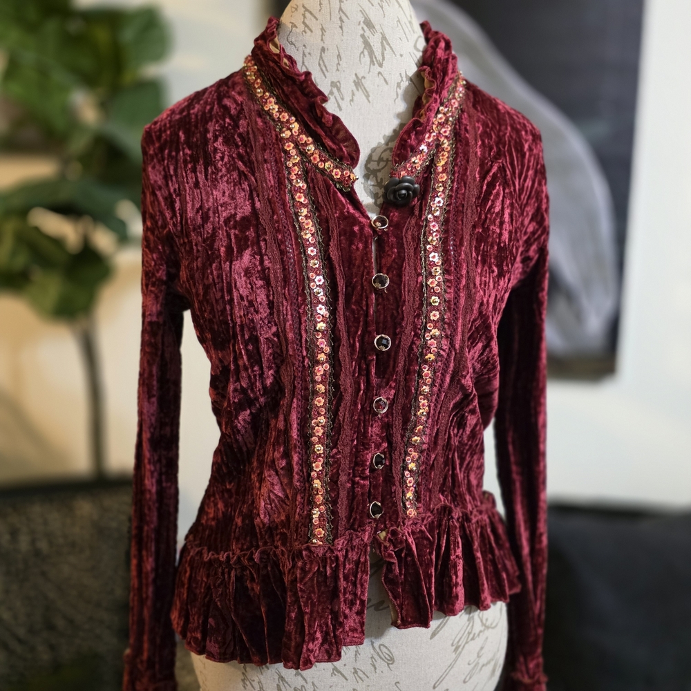 Alberto Makali Red Velvet Fairy Vintage Button-Up Peplum Top